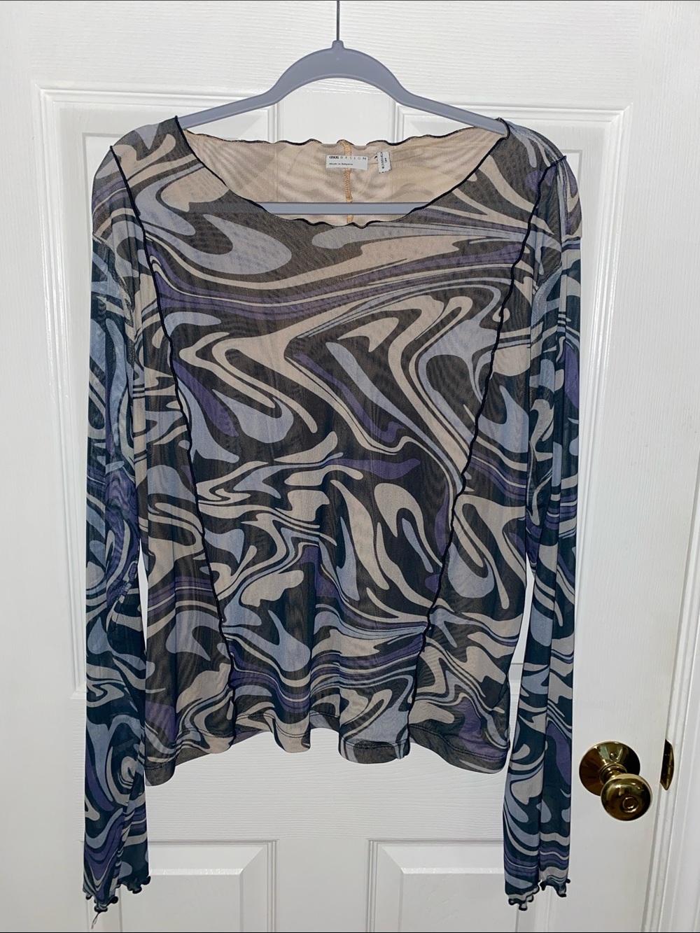 ASOS Curve Long-Sleeve Sheer Swirl Print Top — Black, Gray & Purple